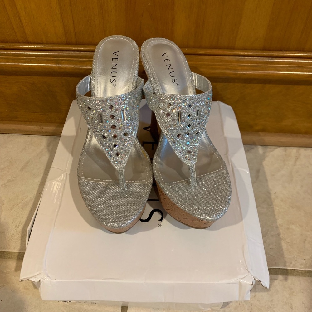 Venus Silver Sparkly Rhinestone Cork Wedges